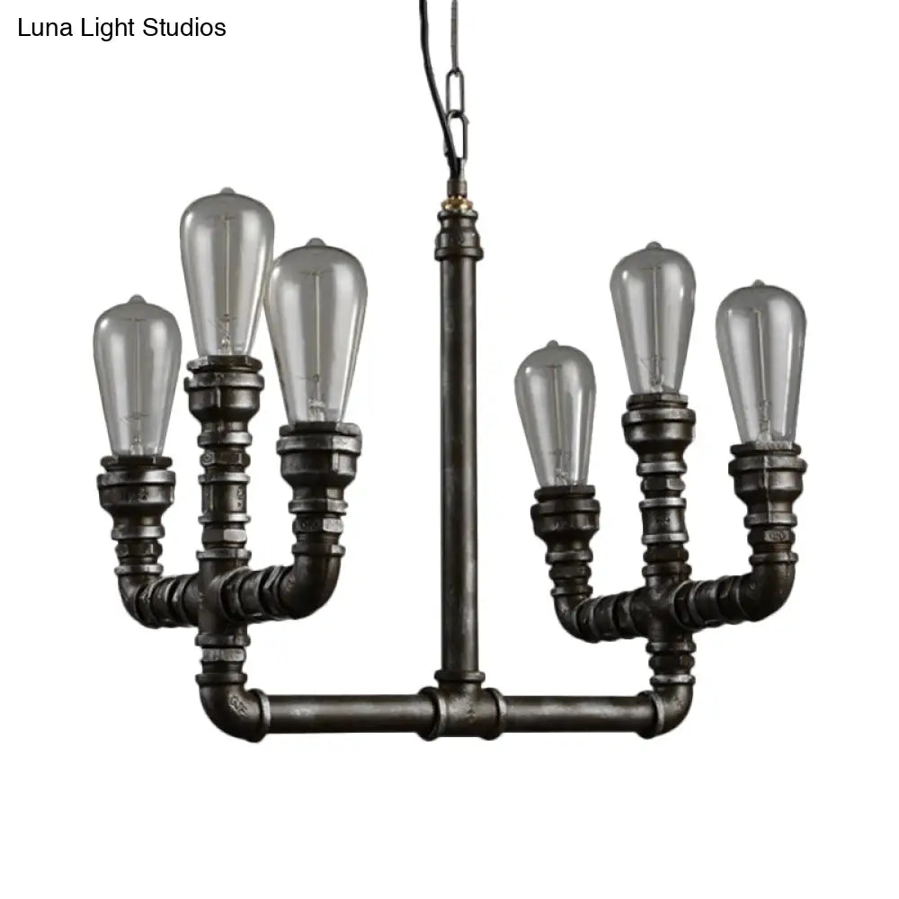 Vintage Industrial Metal Rust Chandelier Pendant Light - 6-Head Open Bulb Design With Hanging Pipe