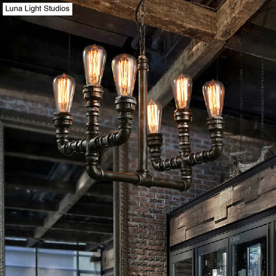 Vintage Industrial Metal Rust Chandelier Pendant Light - 6-Head Open Bulb Design With Hanging Pipe