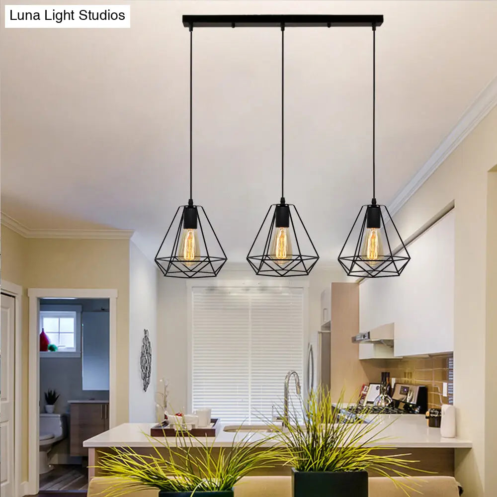 Vintage Industrial Pendant Light With Metal Teardrop Cage In Black / Linear