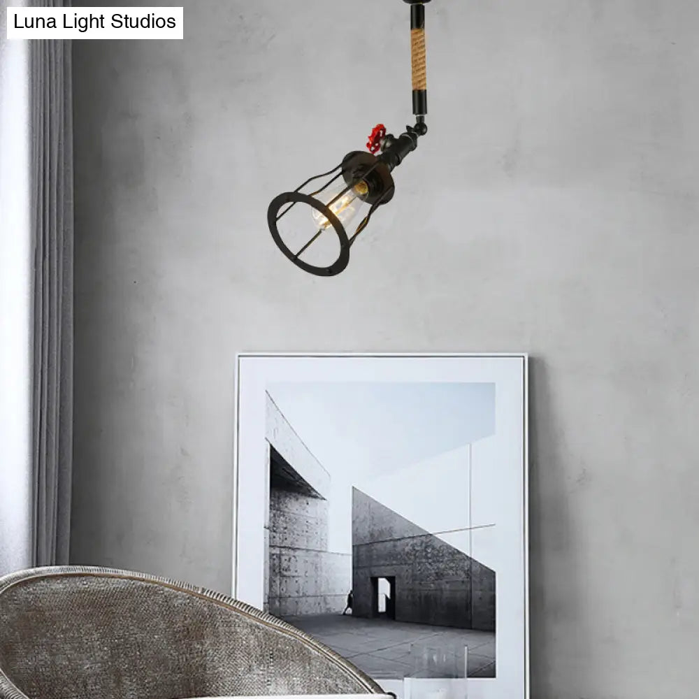 Vintage Industrial Semi Flush Mount Ceiling Light With Rotatable Cage Metal Design And Rope Accent -