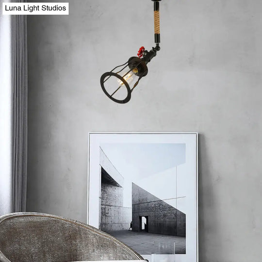 Vintage Industrial Semi Flush Mount Ceiling Light With Rotatable Cage Metal Design And Rope Accent -