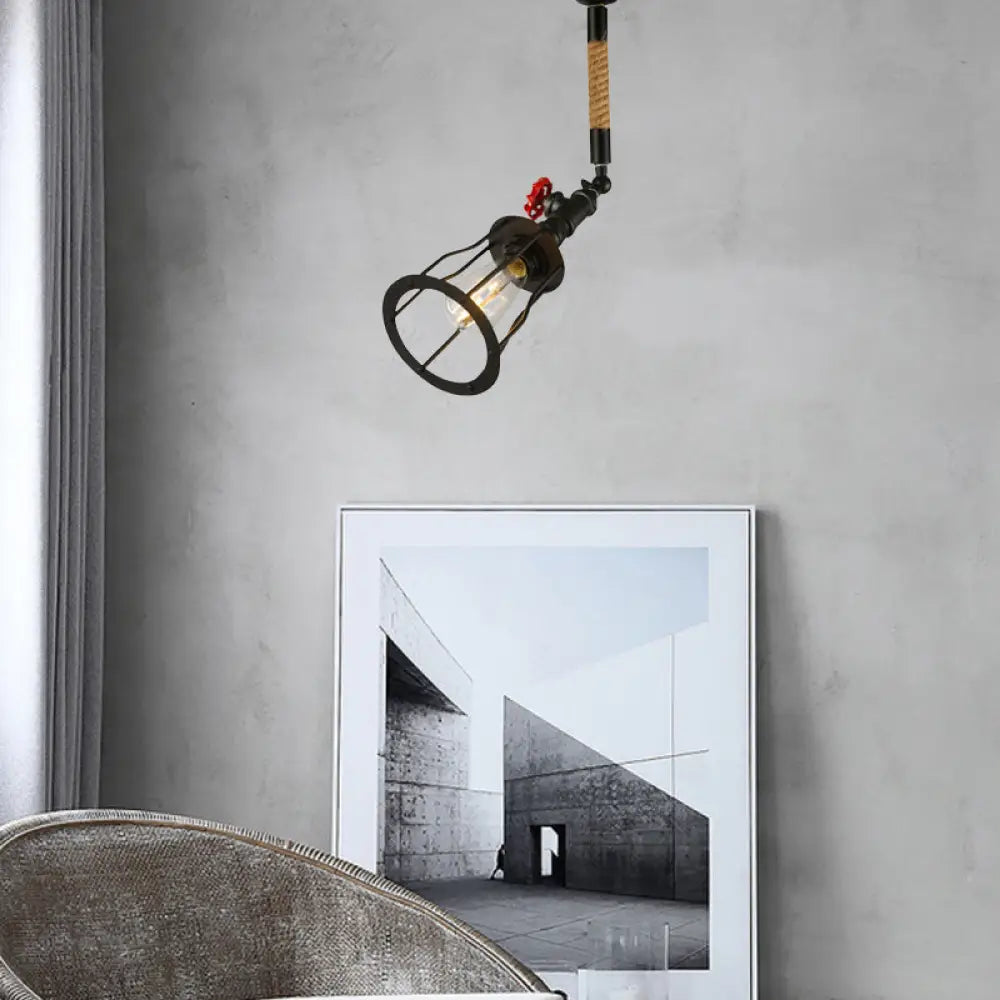 Vintage Industrial Semi Flush Mount Ceiling Light With Rotatable Cage Metal Design And Rope Accent