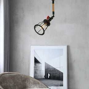 Vintage Industrial Semi Flush Mount Ceiling Light With Rotatable Cage Metal Design And Rope Accent