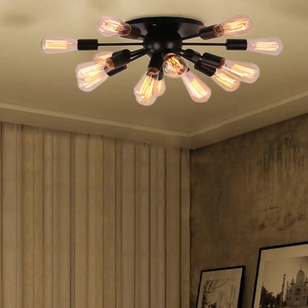 Vintage Industrial Sputnik Multi-Light Ceiling Light In Black For Living Room