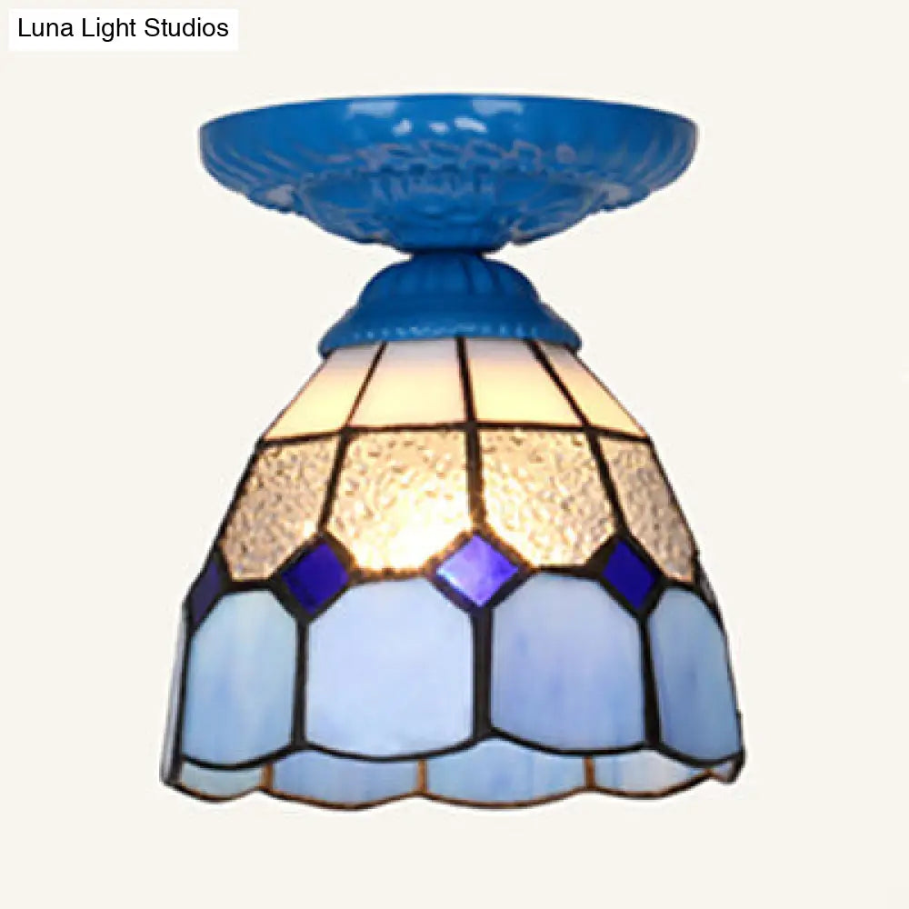 Vintage Industrial Stained Glass Flushmount Ceiling Light - White/Blue/Clear Clear