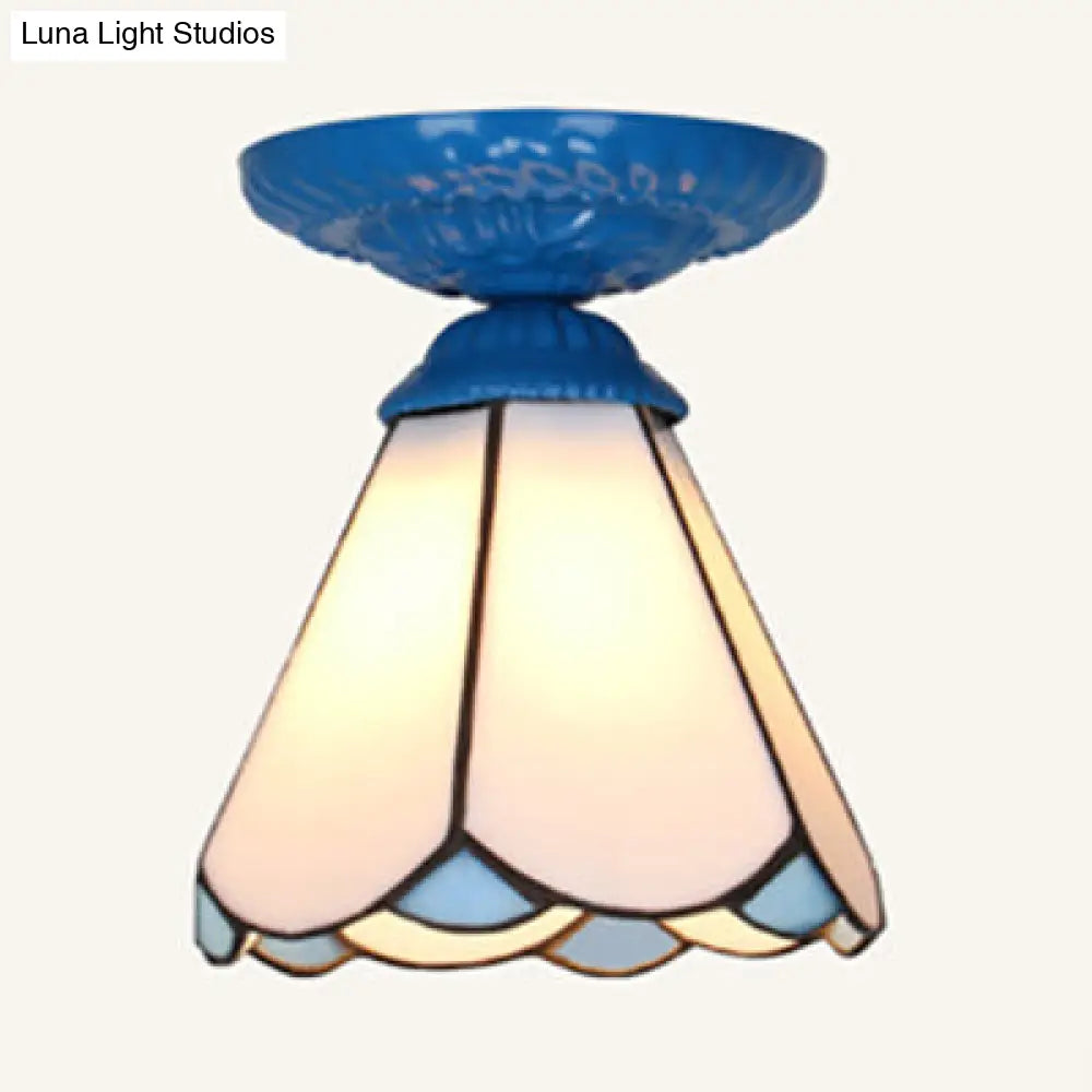 Vintage Industrial Stained Glass Flushmount Ceiling Light - White/Blue/Clear White