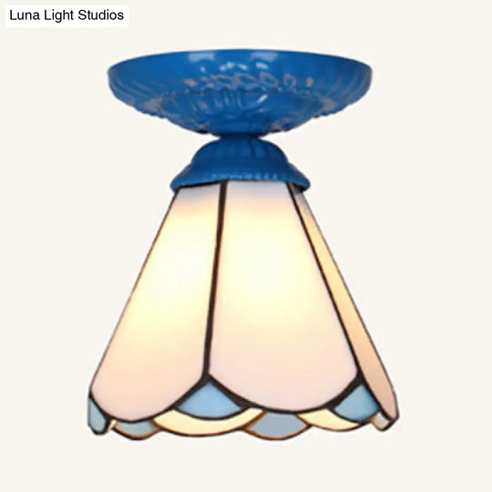 Vintage Industrial Stained Glass Flushmount Ceiling Light - White/Blue/Clear White