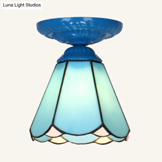 Vintage Industrial Stained Glass Flushmount Ceiling Light - White/Blue/Clear Blue