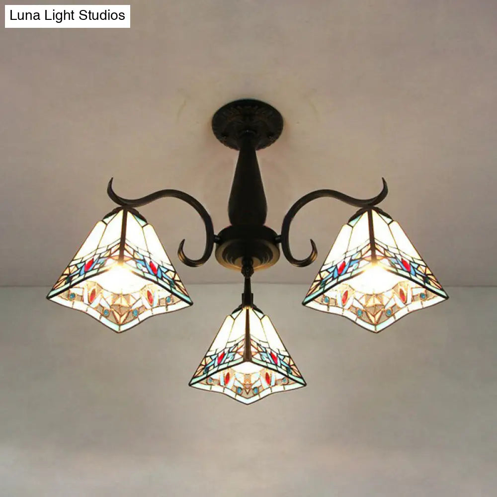Vintage Industrial Stained Glass Semi Flush Mount Ceiling Light With 3 Rhombus/Magnolia Patterns In