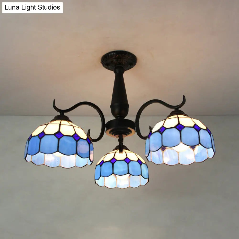 Vintage Industrial Stained Glass Semi Flush Mount Ceiling Light With 3 Rhombus/Magnolia Patterns In