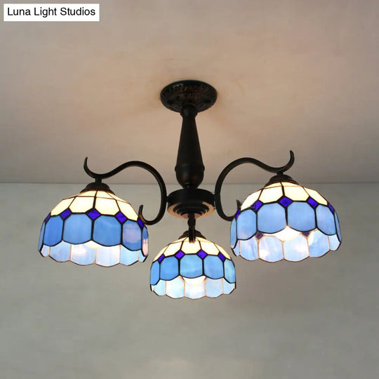 Vintage Industrial Stained Glass Semi Flush Mount Ceiling Light With 3 Rhombus/Magnolia Patterns In