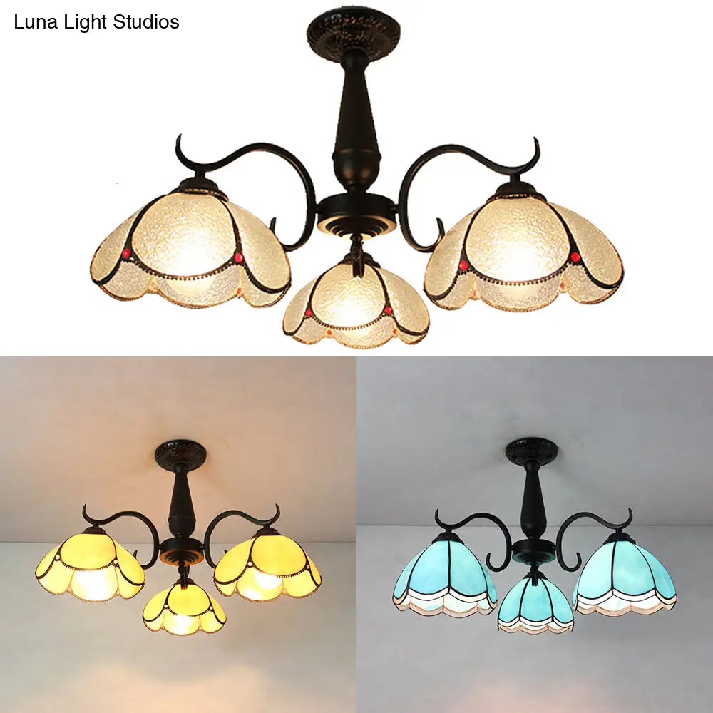 Vintage Industrial Stained Glass Semi Flush Mount Ceiling Light With 3 Rhombus/Magnolia Patterns In
