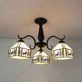 Vintage Industrial Stained Glass Semi Flush Mount Ceiling Light With 3 Rhombus/Magnolia Patterns In
