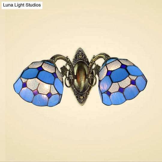 Vintage Industrial Stained Glass Wall Sconce - 2-Head Dome Shade Fixture In Blue
