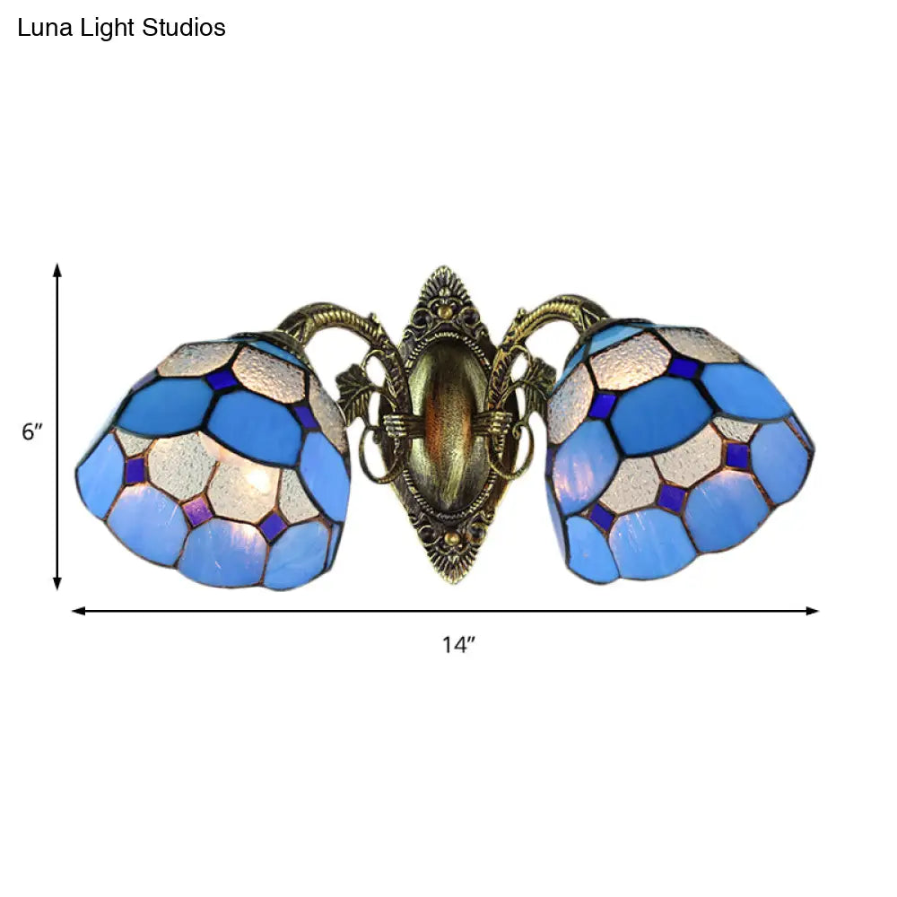 Vintage Industrial Stained Glass Wall Sconce - 2-Head Dome Shade Fixture In Blue