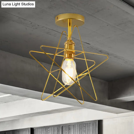 Vintage Industrial Star Cage Semi Flush Light: Black/Gold Metallic Mount For Corridor