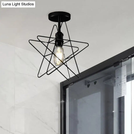 Vintage Industrial Star Cage Semi Flush Light: Black/Gold Metallic Mount For Corridor