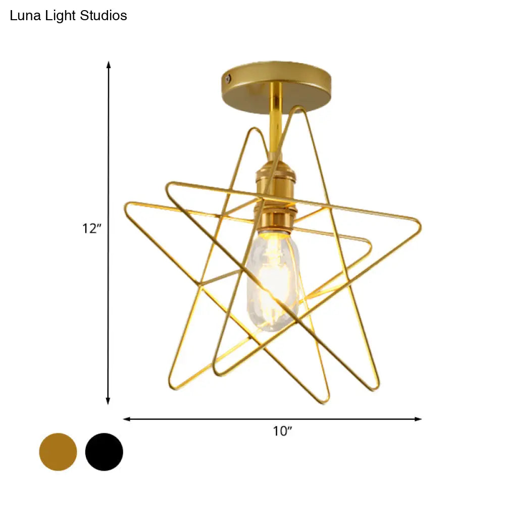 Vintage Industrial Star Cage Semi Flush Light: Black/Gold Metallic Mount For Corridor