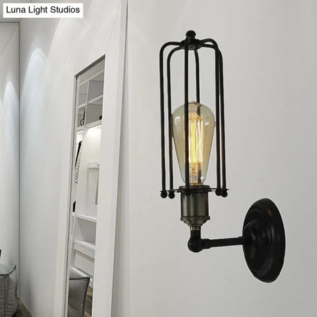Vintage Industrial Wall Lamp - Mini Metal Fixture In Black With Tubed Cage Shade For Corridor
