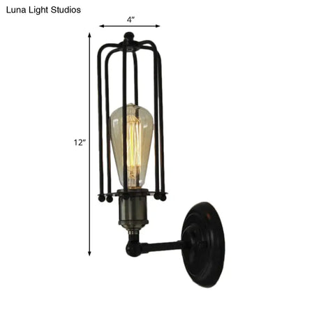 Vintage Industrial Wall Lamp - Mini Metal Fixture In Black With Tubed Cage Shade For Corridor