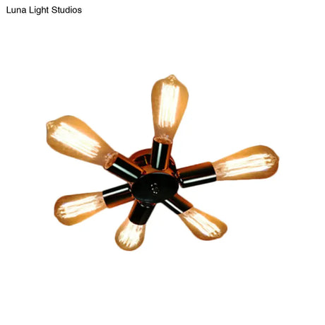 Vintage Inspired Exposed Bulb Semi Flush Pendant Light - 3/6 Lights Metal Ceiling Fixture In Brass