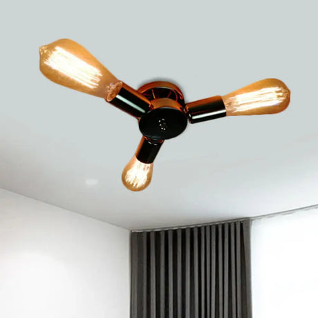 Vintage Inspired Exposed Bulb Semi Flush Pendant Light - 3/6 Lights Metal Ceiling Fixture In Brass