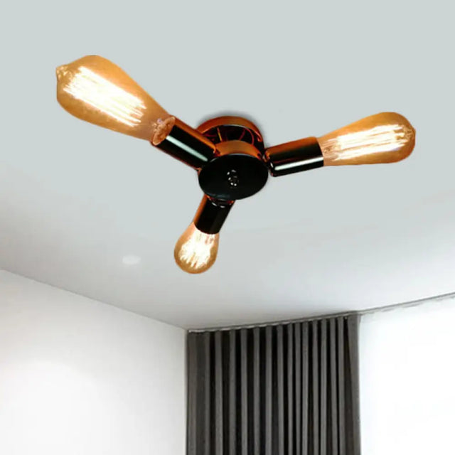Vintage Inspired Exposed Bulb Semi Flush Pendant Light - 3/6 Lights Metal Ceiling Fixture In Brass