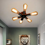 Vintage Inspired Exposed Bulb Semi Flush Pendant Light - 3/6 Lights Metal Ceiling Fixture In Brass