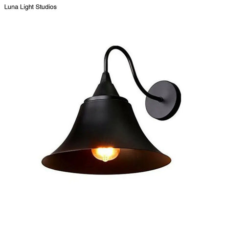 Vintage Iron 1-Light Trumpet Wall Lamp - Black Curved Arm For Living Room Lighting