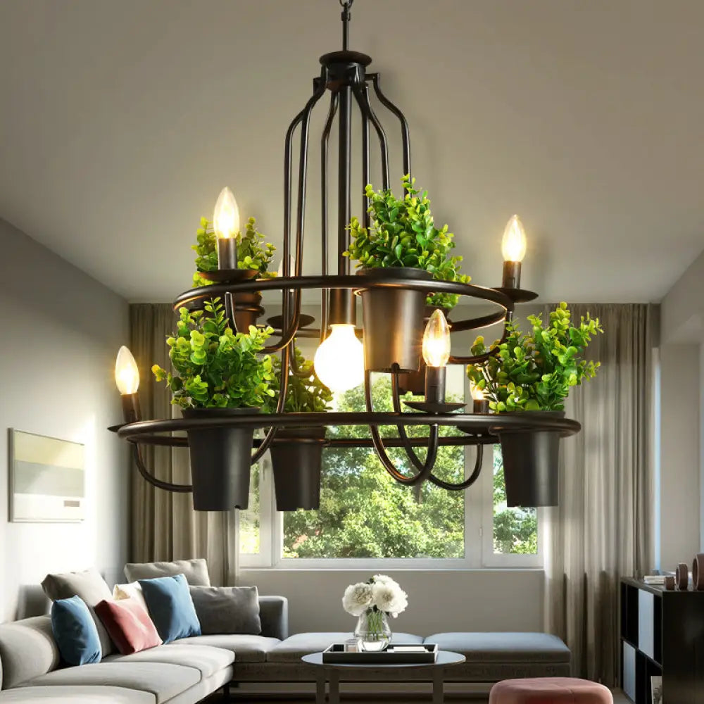 Vintage Iron 7-Light Candelabra Chandelier Pendant With Faux Potted Plant For Restaurants Black