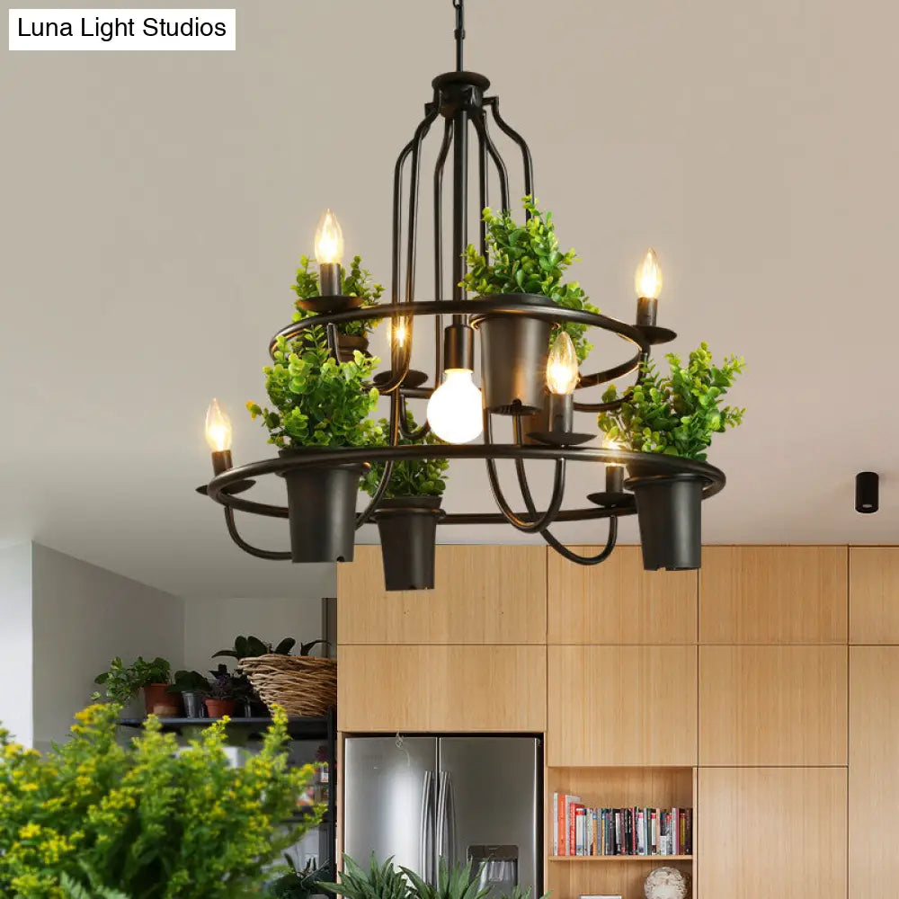 Vintage Iron 7-Light Candelabra Chandelier Pendant With Faux Potted Plant For Restaurants
