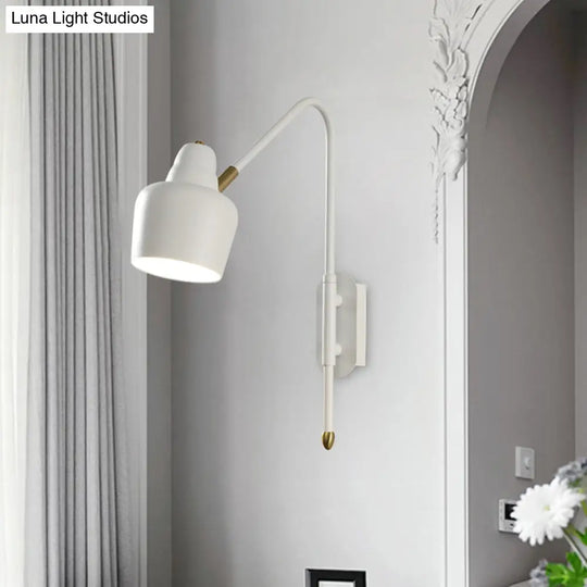 Vintage Iron Bowled Wall Lamp - 1-Light Bedroom Sconce In White/Gold With Curved Arm
