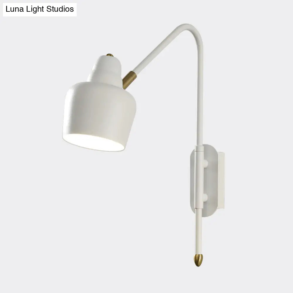 Vintage Iron Bowled Wall Lamp - 1-Light Bedroom Sconce In White/Gold With Curved Arm
