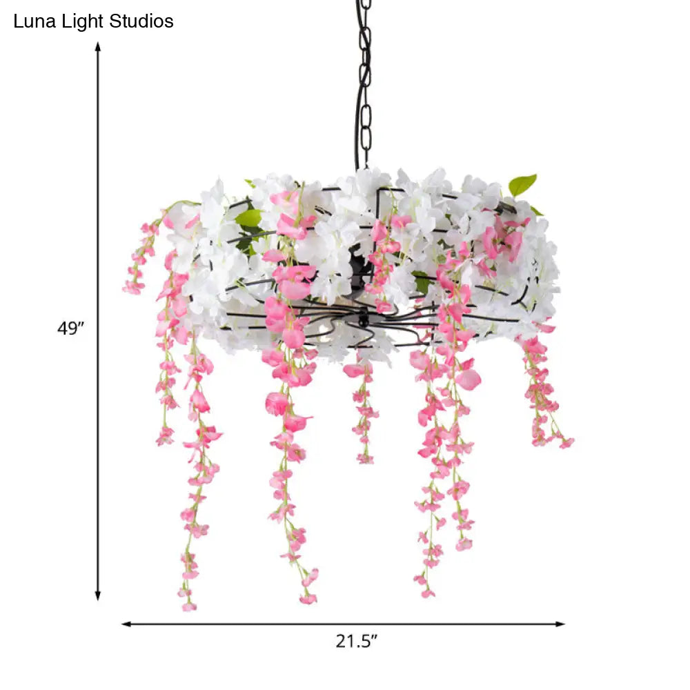 Vintage Iron Cage Chandelier With Cherry Blossom - Restaurant Suspension Lamp (3/5-Light Black)