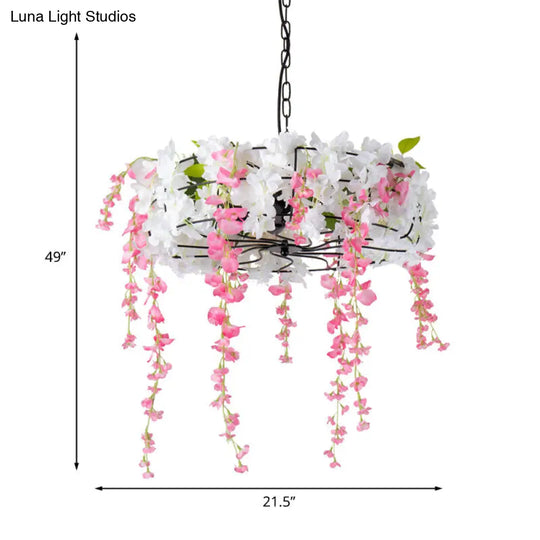 Vintage Iron Cage Chandelier With Cherry Blossom - Restaurant Suspension Lamp (3/5-Light Black)