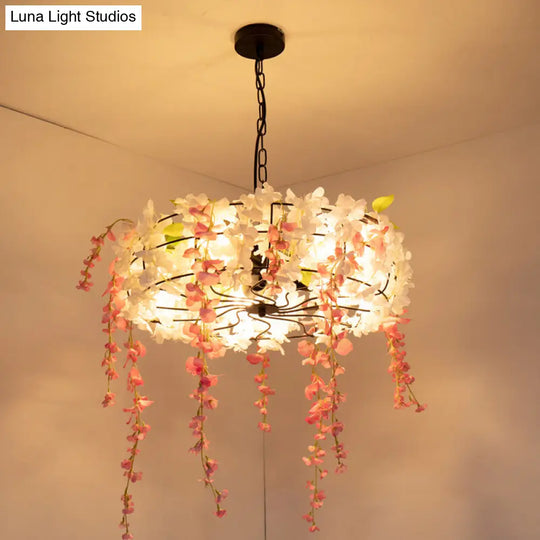 Vintage Iron Cage Chandelier With Cherry Blossom - Restaurant Suspension Lamp (3/5-Light Black) 3 /