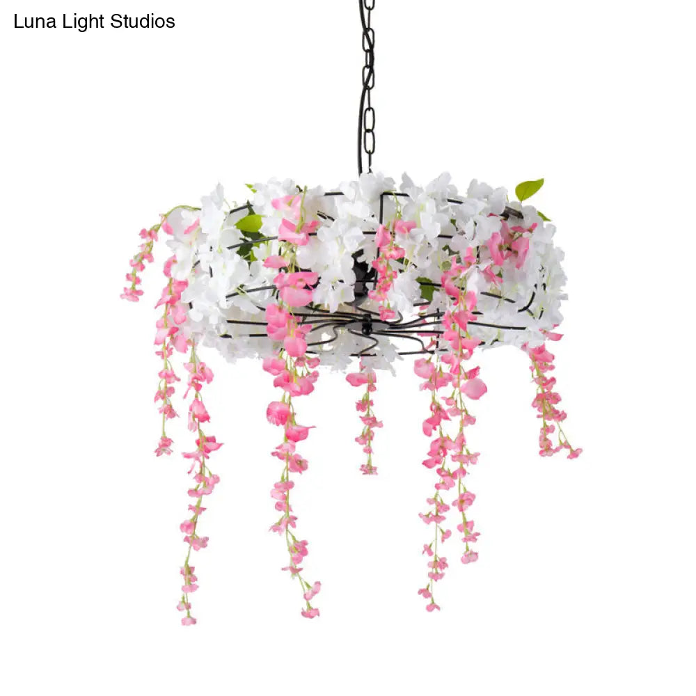 Vintage Iron Cage Chandelier With Cherry Blossom - Restaurant Suspension Lamp (3/5-Light Black)