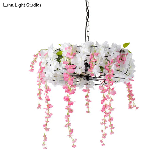 Vintage Iron Cage Chandelier With Cherry Blossom - Restaurant Suspension Lamp (3/5-Light Black)