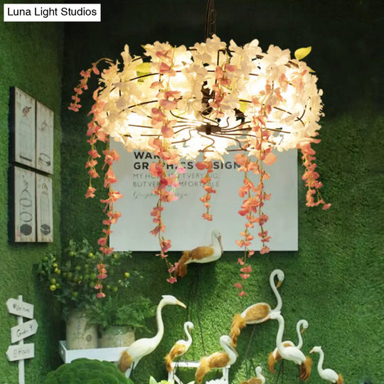Vintage Iron Cage Chandelier With Cherry Blossom - Restaurant Suspension Lamp (3/5-Light Black)