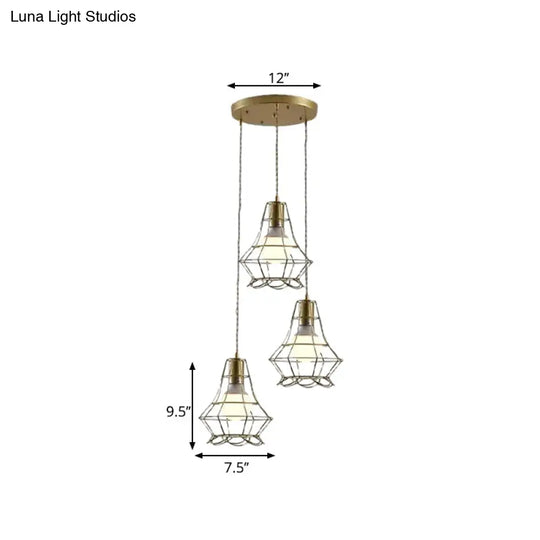 Vintage Iron Caged Ceiling Pendant Light With Petal Shade And Round/Linear Canopy - Golden 3 Lights