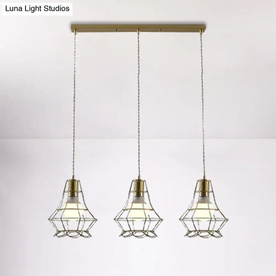 Vintage Iron Caged Ceiling Pendant Light With Petal Shade And Round/Linear Canopy - Golden 3 Lights