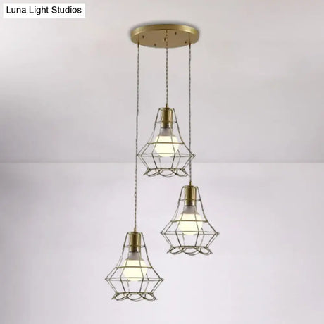 Vintage Iron Caged Pendant Lamp With Petal Shade - Golden 3 Lights Hanging Fixture