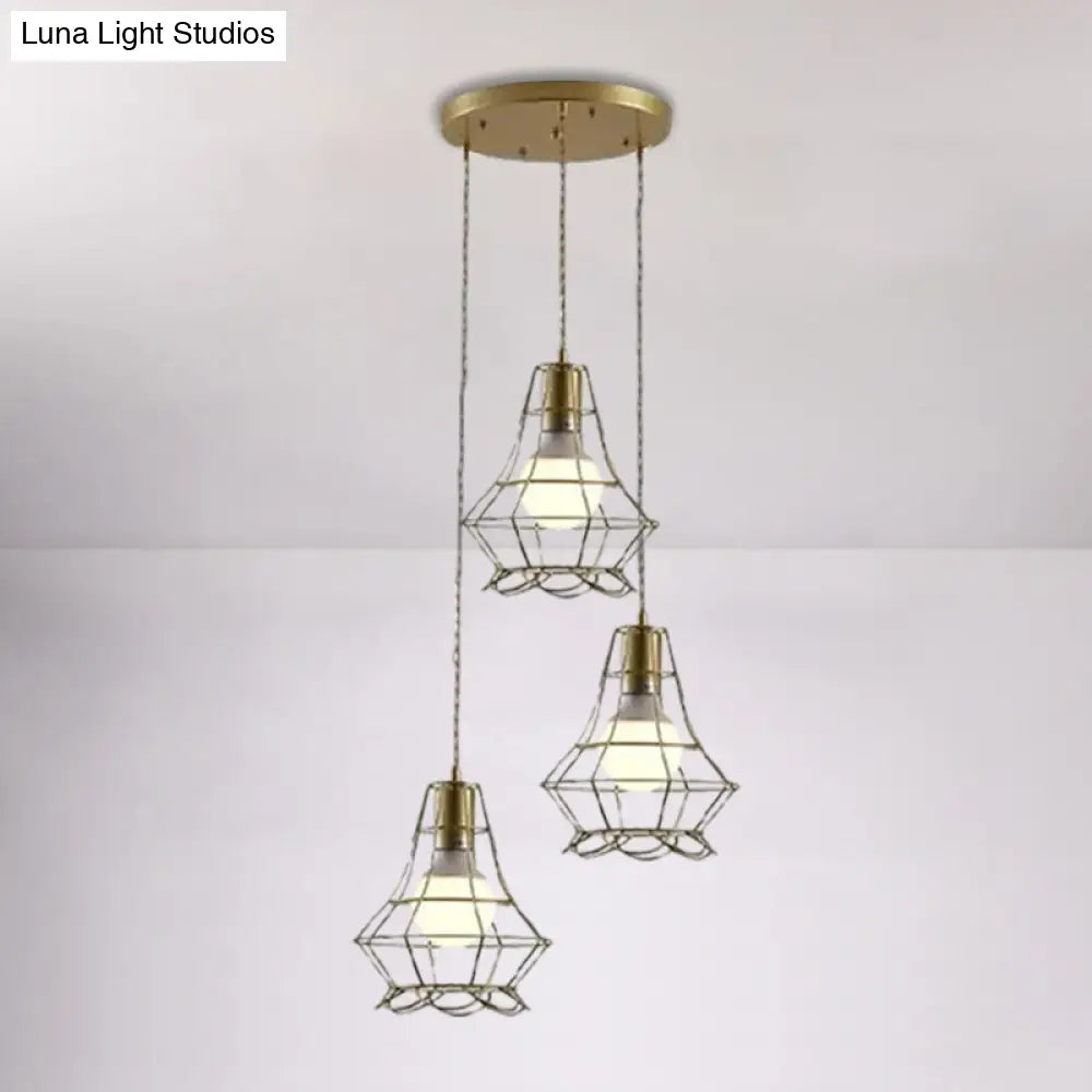 Vintage Iron Caged Pendant Lamp With Petal Shade - Golden 3 Lights Hanging Fixture