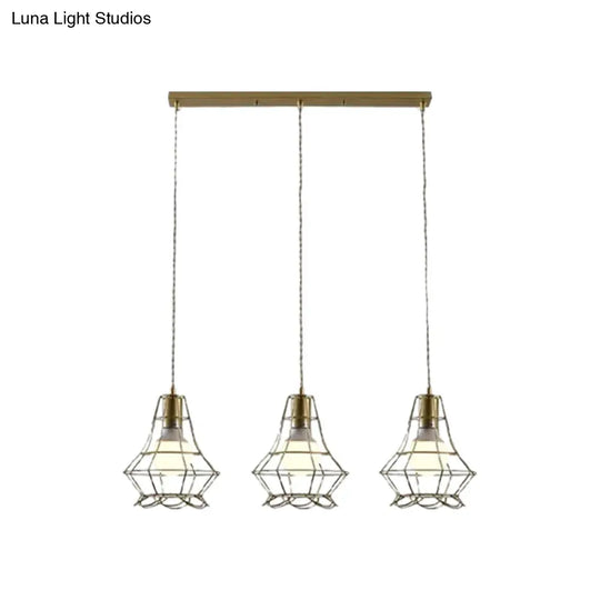 Vintage Iron Caged Ceiling Pendant Light With Petal Shade And Round/Linear Canopy - Golden 3 Lights