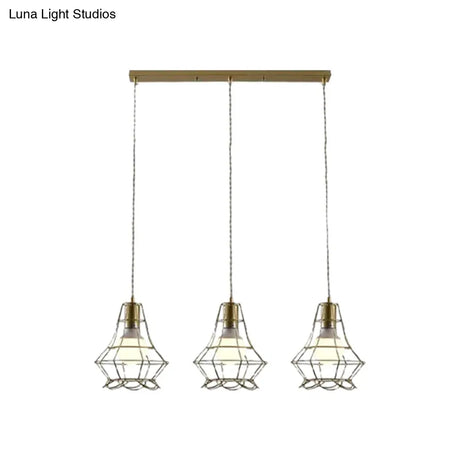 Vintage Iron Caged Pendant Lamp With Petal Shade - Golden 3 Lights Hanging Fixture