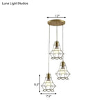 Vintage Iron Caged Pendant Lamp With Petal Shade - Golden 3 Lights Hanging Fixture