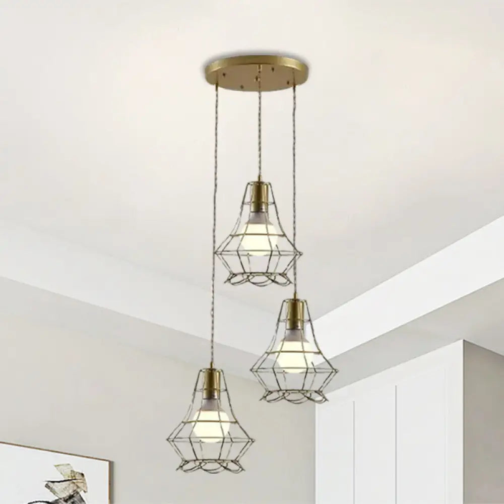 Vintage Iron Caged Pendant Lamp With Petal Shade - Golden 3 Lights Hanging Fixture Gold / Round