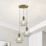 Vintage Iron Caged Pendant Lamp With Petal Shade - Golden 3 Lights Hanging Fixture Gold / Round