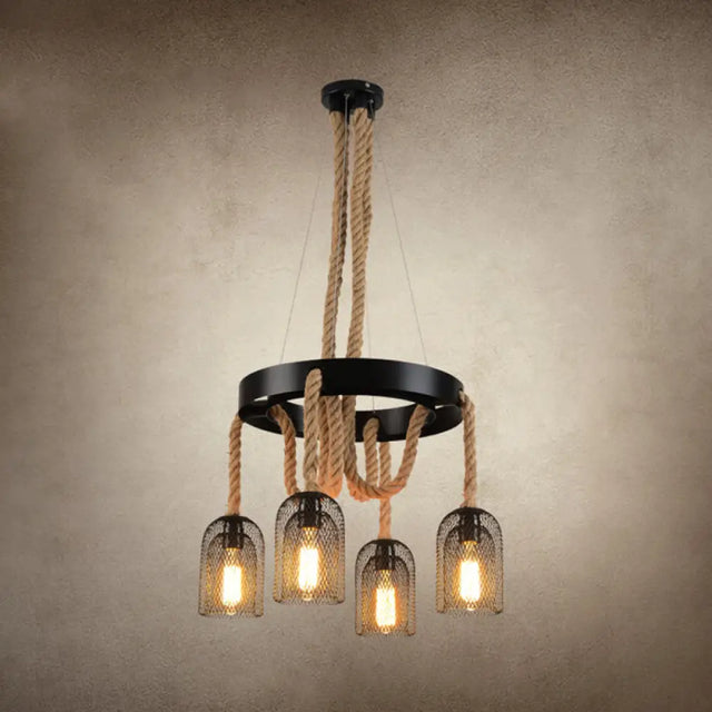 Vintage Iron Chandelier Pendant Light With Rope Detail For Restaurants - Black 4 /