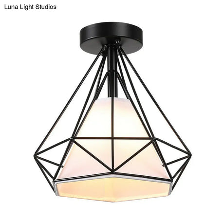 Vintage Iron Diamond Cage Ceiling Light - Black Flush Mount Fixture
